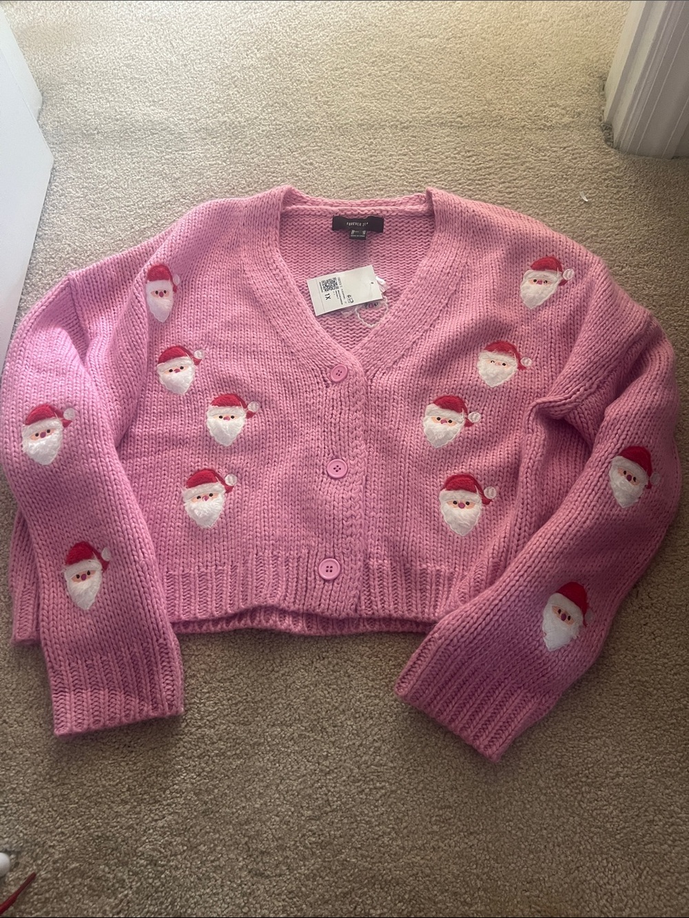 a new day Pink V-Neck Santa Embroidered Cropped Cardigan Santa Claus 🎅